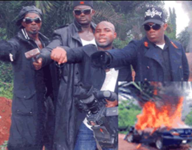 •L-R: David Nwajei, Gentle Jack, A2Z boss and Ernest Asuzu, on the set of Ndi-nto. Inset: The `burnt car