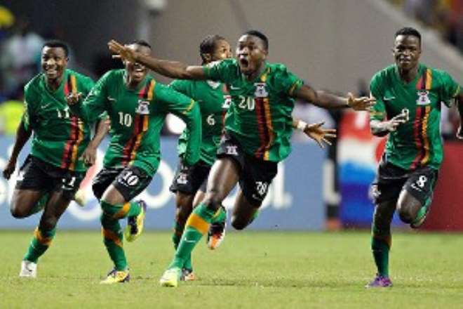 <b> Zambia celebrates after winning the African Cup of Nations final after an extended penalty shootout against the Ivory Coast on Sunday.</b>