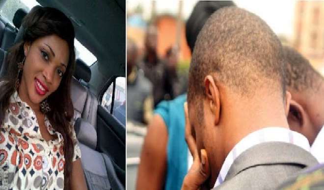 Covering their faces: The two suspected killers of Cynthia paraded today in Lagos