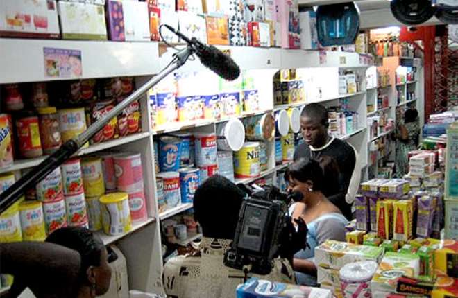 With little in the way of a budget, movies are rarely (if ever) shot on a set. Instead, they're filmed on location in tight quarters, like this grocery store.