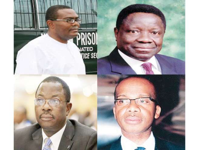 Clockwise from right: Bartholomew Ebong (Union Bank); Okey Nwosu (Finbank); Erastus Akingbola (Intercontinental Bank); and Sebastian Adigwe (Afribank). Photo: NEXT
