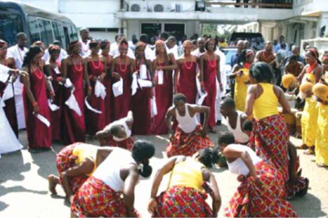The contestants dancing at the Edo Government House when they visited Govenror Adams Oshiomhole before going into the forest.
