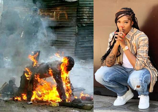 A foreigner being burnt alive in SA… Tiwa Savage