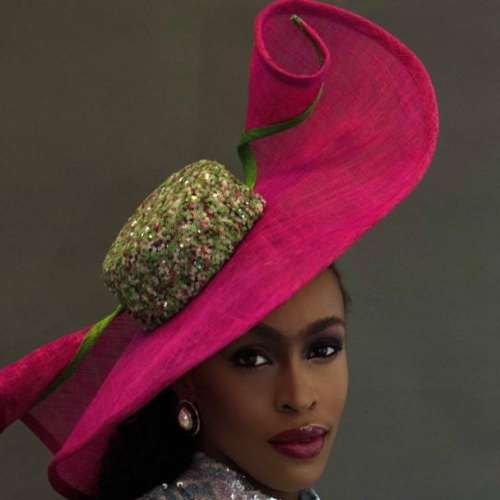 fuchsia pink sidesweep with sequinned crown